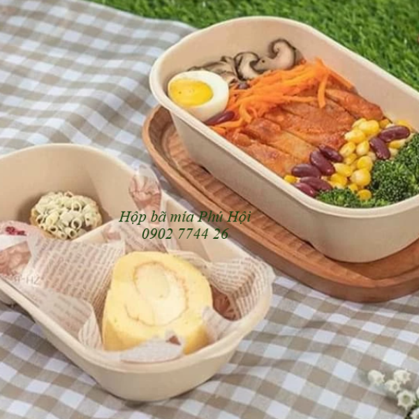 Hộp bã mía 2 ngăn kèm nắp nhựa PET 750ml